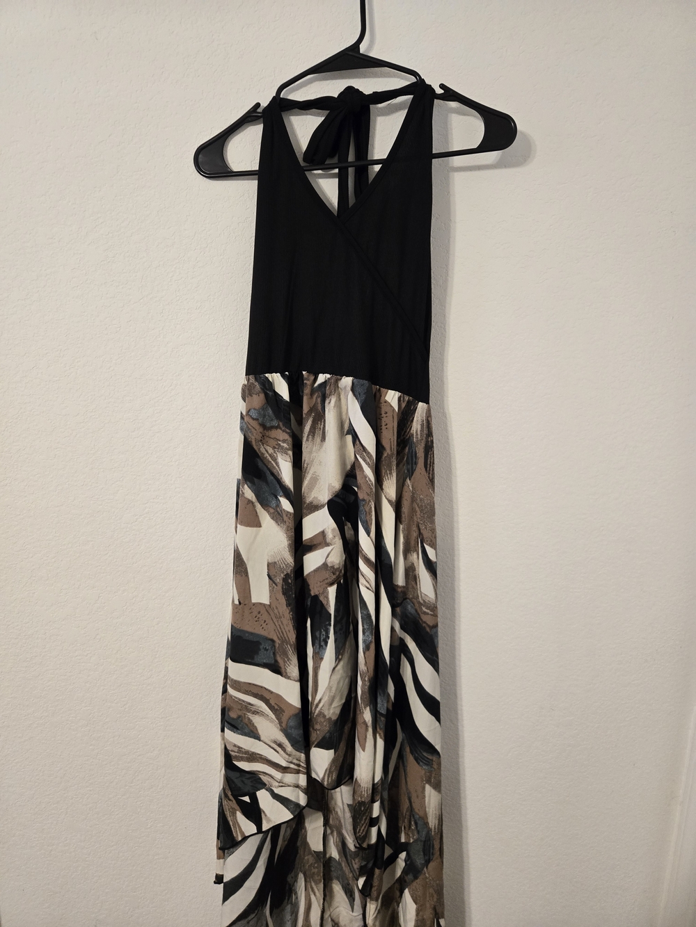 Black Halter Maxi Dress with Abstract Brown & Cream Skirt